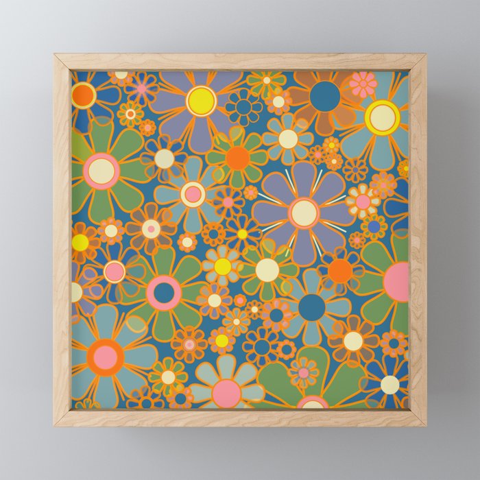Retro Garden Flowers Vintage 60s 70s Aesthetic Blue Floral Pattern Mini Art Print Gallery Image 1