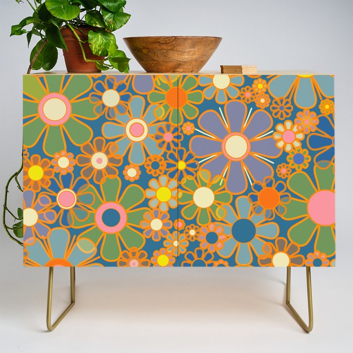 Retro Garden Flowers Vintage 60s 70s Aesthetic Blue Floral Pattern Credenza Gallery Image 1