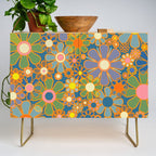 Retro Garden Flowers Vintage 60s 70s Aesthetic Blue Floral Pattern Credenza Gallery Image 1