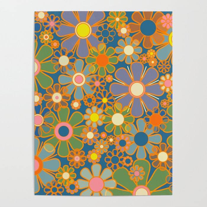 Retro Garden Flowers Vintage 60s 70s Aesthetic Blue Floral Pattern Poster Gallery Image 1