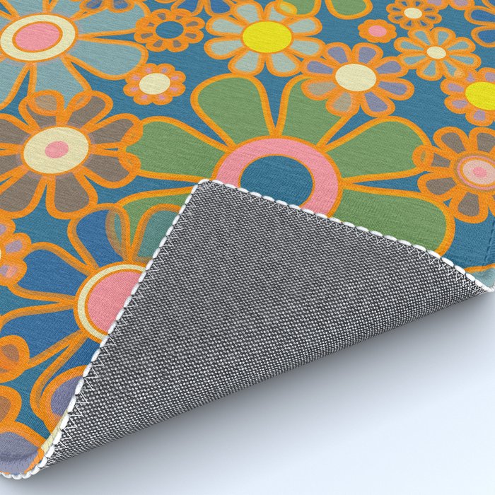 Retro Garden Flowers Vintage 60s 70s Aesthetic Blue Floral Pattern Rug Gallery Image 4