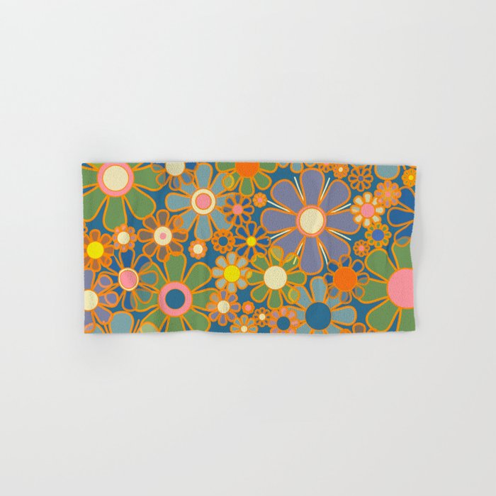 Retro Garden Flowers Vintage 60s 70s Aesthetic Blue Floral Pattern Bath Towel Gallery Image 1
