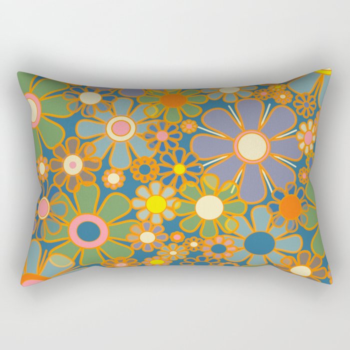 Retro Garden Flowers Vintage 60s 70s Aesthetic Blue Floral Pattern Rectangular Pillow Gallery Image 2