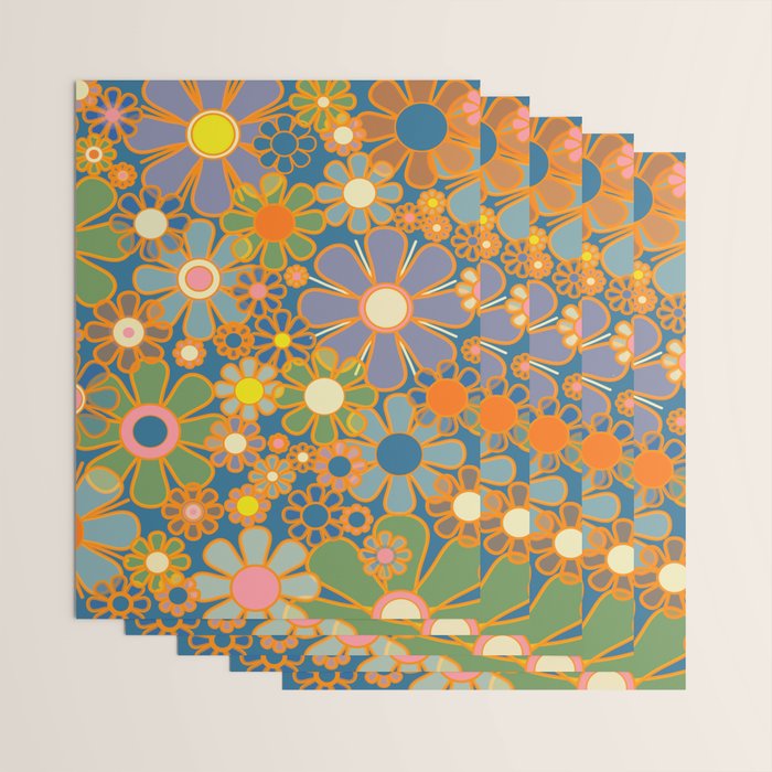 Retro Garden Flowers Vintage 60s 70s Aesthetic Blue Floral Pattern Wrapping Paper Gallery Image 3