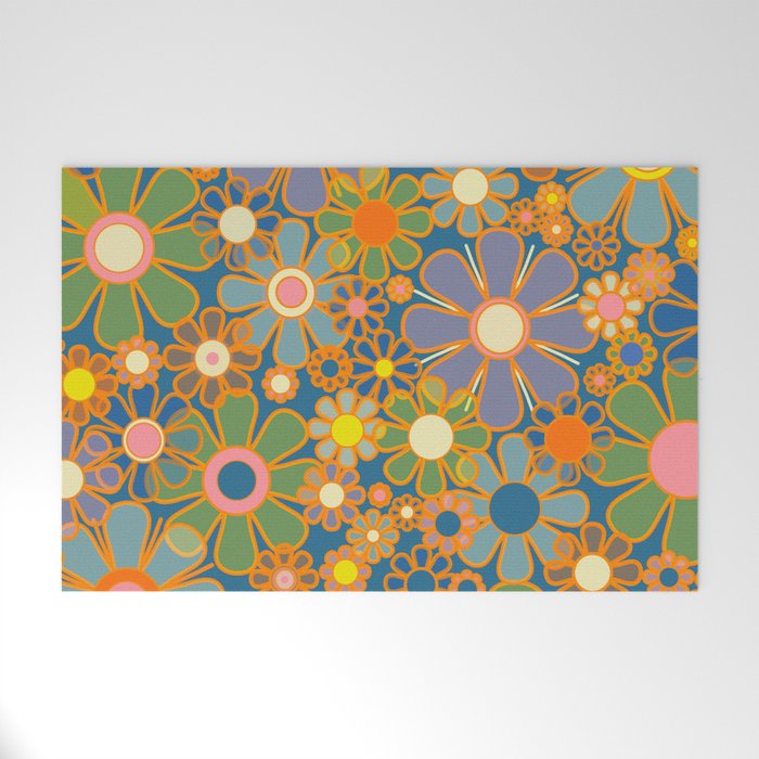 Retro Garden Flowers Vintage 60s 70s Aesthetic Blue Floral Pattern Welcome Mat Gallery Image 1