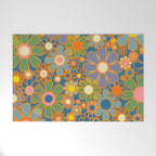 Retro Garden Flowers Vintage 60s 70s Aesthetic Blue Floral Pattern Welcome Mat Gallery Image 1