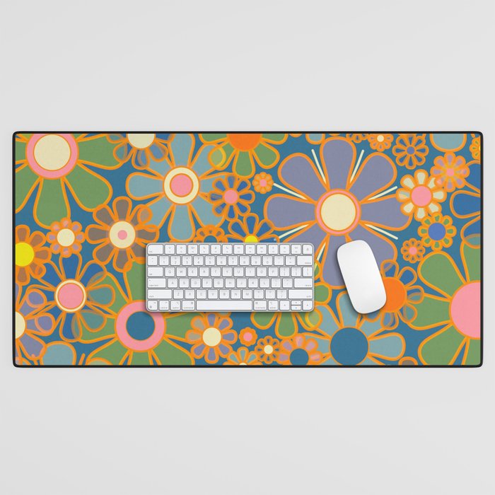 Retro Garden Flowers Vintage 60s 70s Aesthetic Blue Floral Pattern Desk Mat Gallery Image 1