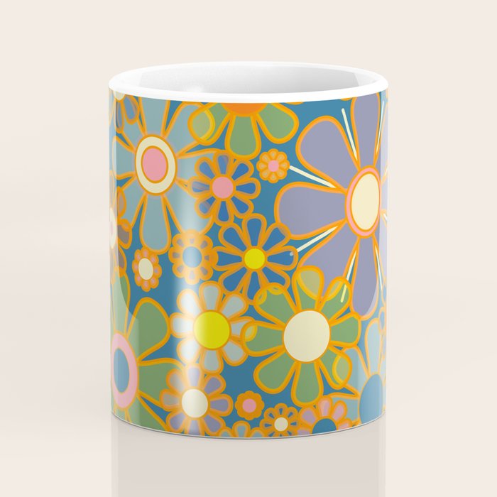 Retro Garden Flowers Vintage 60s 70s Aesthetic Blue Floral Pattern Coffee Mug Gallery Image 4