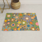 Retro Garden Flowers Vintage 60s 70s Aesthetic Blue Floral Pattern Rug Gallery Image 1
