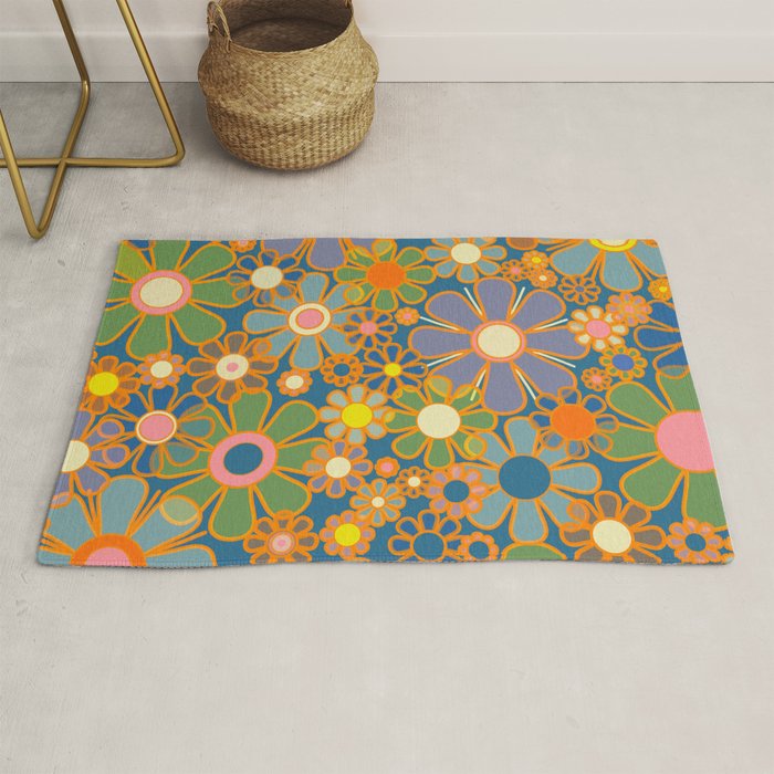 Retro Garden Flowers Vintage 60s 70s Aesthetic Blue Floral Pattern Rug Gallery Image 1