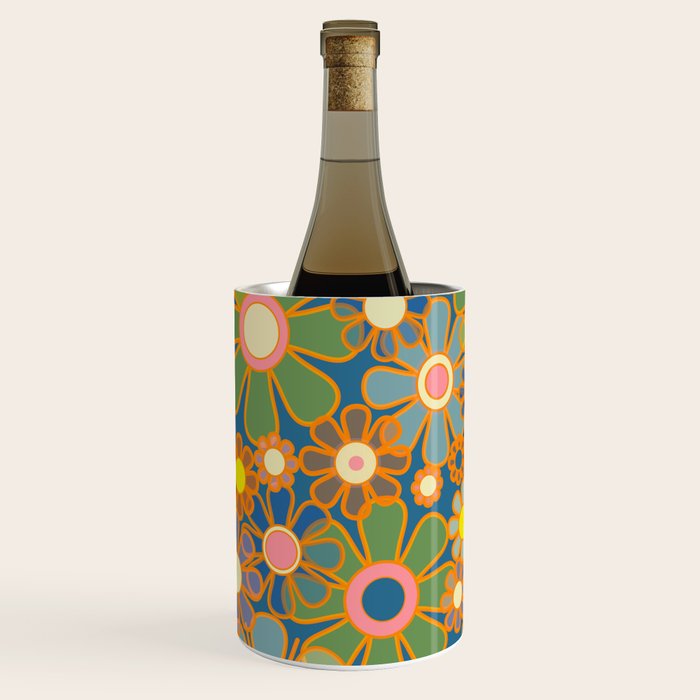 Retro Garden Flowers Vintage 60s 70s Aesthetic Blue Floral Pattern Wine Chiller Gallery Image 2