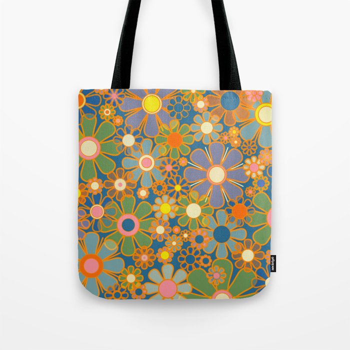 Retro Garden Flowers Vintage 60s 70s Aesthetic Blue Floral Pattern Tote Bag Gallery Image 1