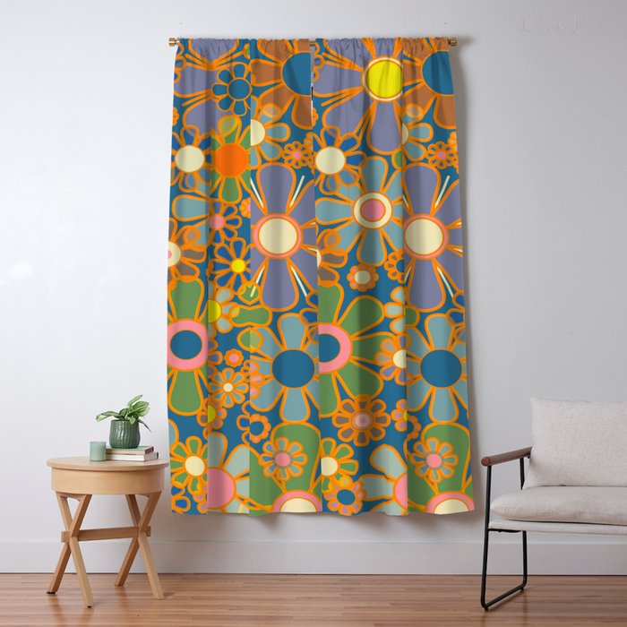 Retro Garden Flowers Vintage 60s 70s Aesthetic Blue Floral Pattern Window Curtain Gallery Image 5
