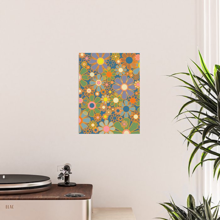 Retro Garden Flowers Vintage 60s 70s Aesthetic Blue Floral Pattern Poster Gallery Image 2