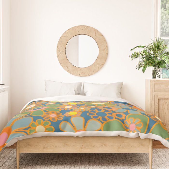 Retro Garden Flowers Vintage 60s 70s Aesthetic Blue Floral Pattern Duvet Cover Gallery Image 3