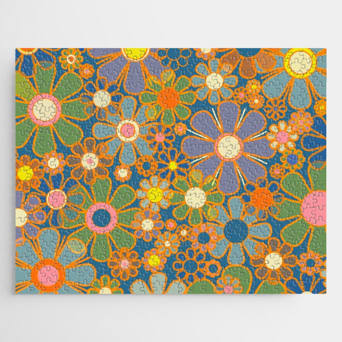 Retro Garden Flowers Vintage 60s 70s Aesthetic Blue Floral Pattern Jigsaw Puzzle Gallery Image 1