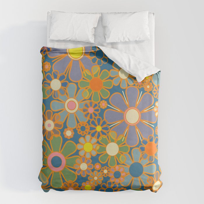 Retro Garden Flowers Vintage 60s 70s Aesthetic Blue Floral Pattern Duvet Cover Gallery Image 6