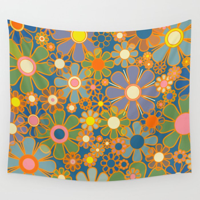 Retro Garden Flowers Vintage 60s 70s Aesthetic Blue Floral Pattern Wall Tapestry Gallery Image 4