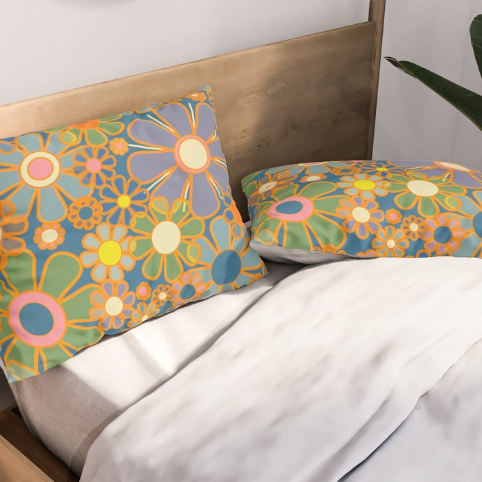 Retro Garden Flowers Vintage 60s 70s Aesthetic Blue Floral Pattern Pillow Sham Gallery Image 2