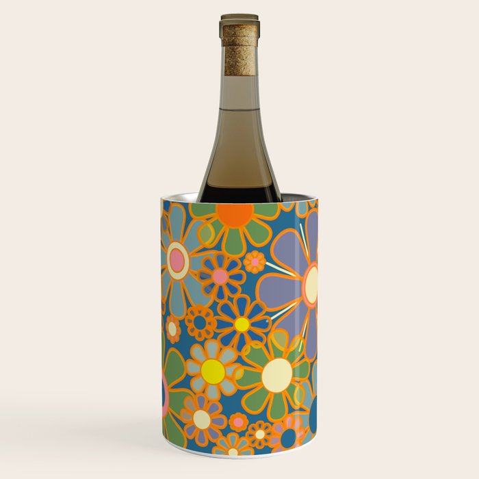 Retro Garden Flowers Vintage 60s 70s Aesthetic Blue Floral Pattern Wine Chiller Gallery Image 1