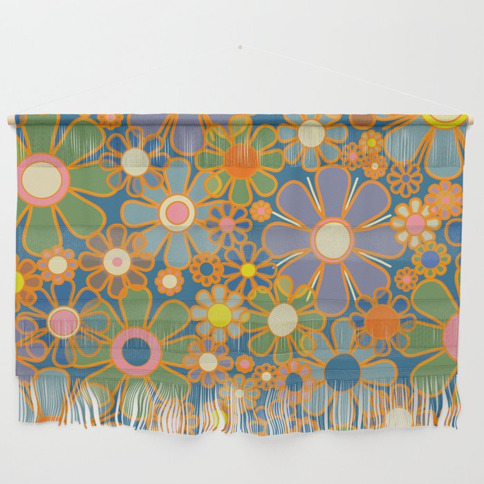 Retro Garden Flowers Vintage 60s 70s Aesthetic Blue Floral Pattern Wall Hanging Gallery Image 1