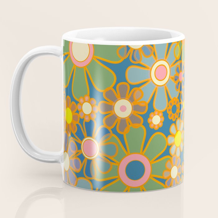Retro Garden Flowers Vintage 60s 70s Aesthetic Blue Floral Pattern Coffee Mug Gallery Image 3