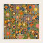 Retro Garden Flowers Vintage 60s 70s Aesthetic Blue Floral Pattern Wood Wall Art Gallery Image 1