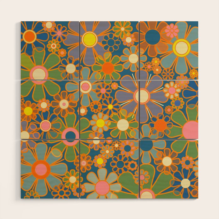 Retro Garden Flowers Vintage 60s 70s Aesthetic Blue Floral Pattern Wood Wall Art Gallery Image 1