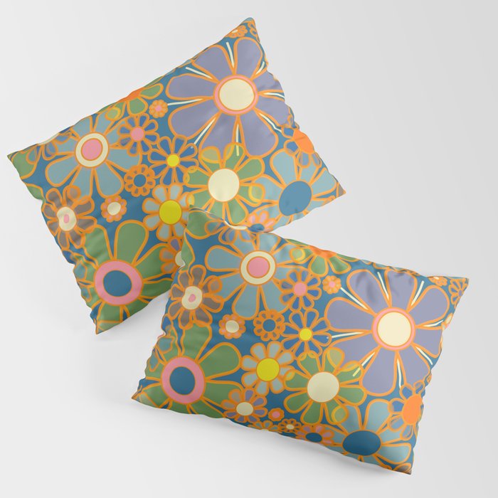 Retro Garden Flowers Vintage 60s 70s Aesthetic Blue Floral Pattern Pillow Sham Gallery Image 1