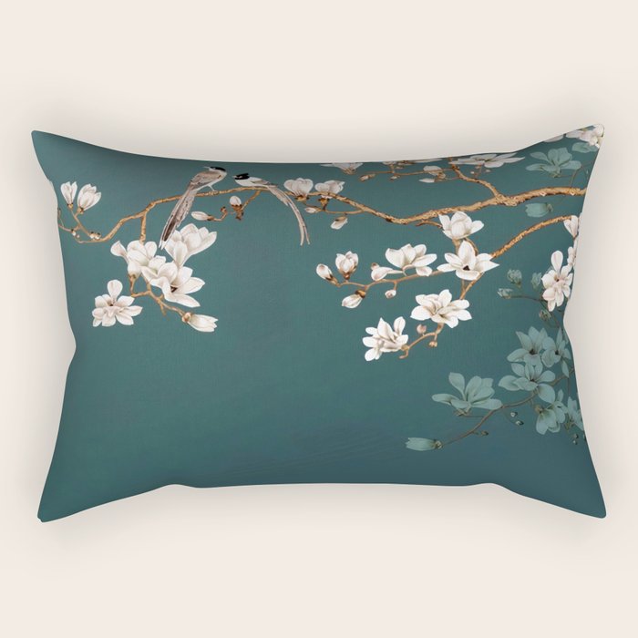 Chinoiserie Teal Magnolia Blossom Bird Garden Rectangular Pillow Gallery Image 1