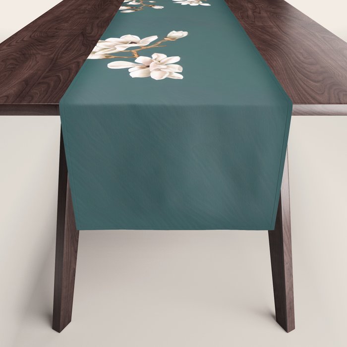 Chinoiserie Teal Magnolia Blossom Bird Garden Table Runner Gallery Image 1