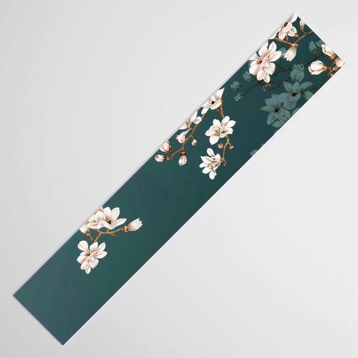 Chinoiserie Teal Magnolia Blossom Bird Garden Table Runner Gallery Image 3