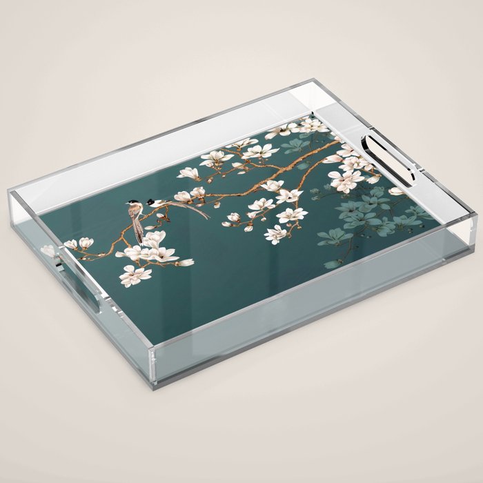 Chinoiserie Teal Magnolia Blossom Bird Garden Acrylic Tray Gallery Image 1