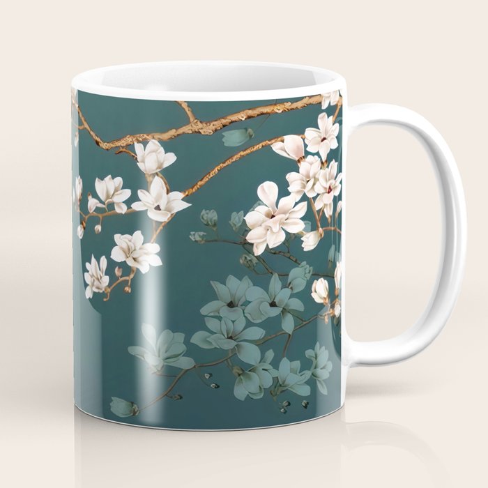 Chinoiserie Teal Magnolia Blossom Bird Garden Coffee Mug Gallery Image 1