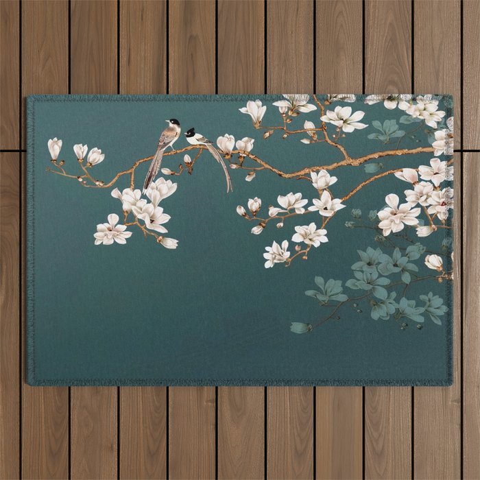 Chinoiserie Teal Magnolia Blossom Bird Garden Outdoor Rug Gallery Image 1