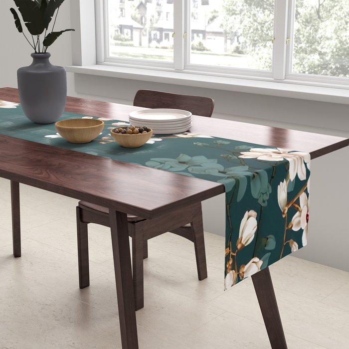 Chinoiserie Teal Magnolia Blossom Bird Garden Table Runner Gallery Image 2