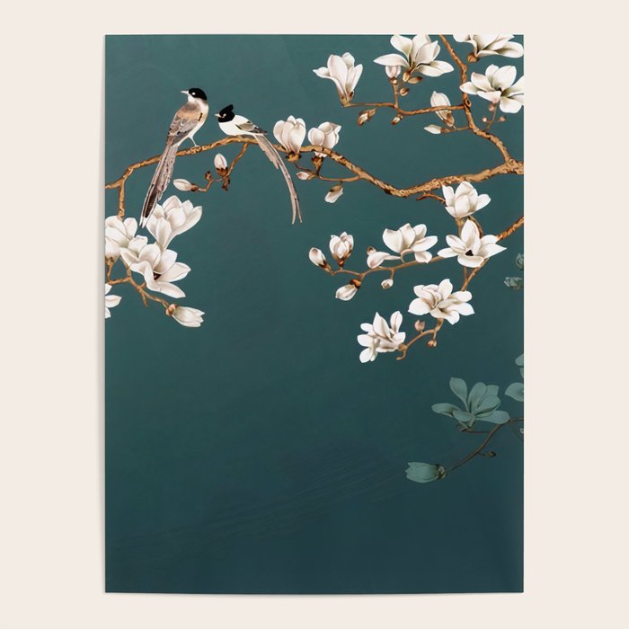 Chinoiserie Teal Magnolia Blossom Bird Garden Poster Gallery Image 1