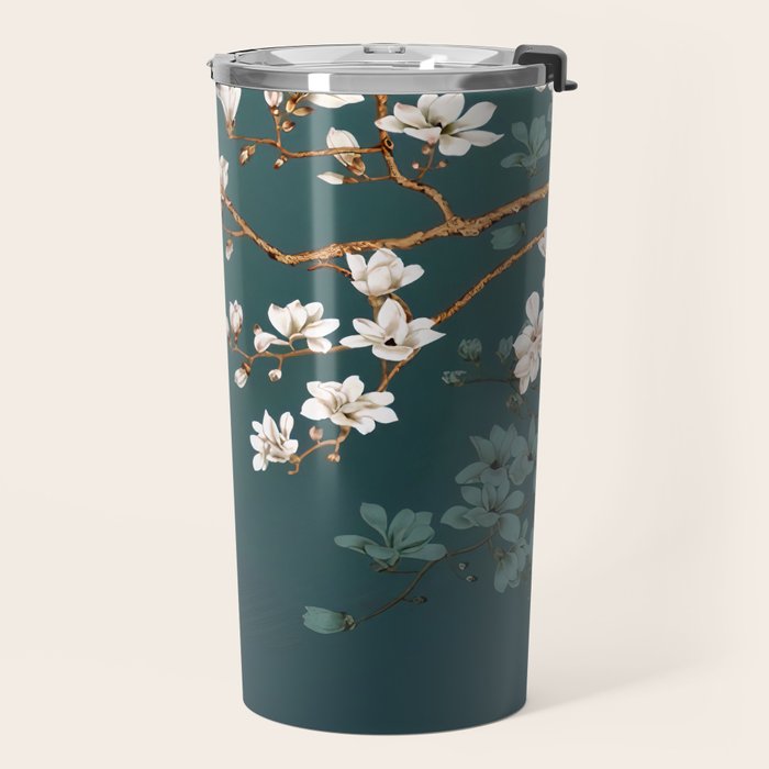 Chinoiserie Teal Magnolia Blossom Bird Garden Travel Mug Gallery Image 2
