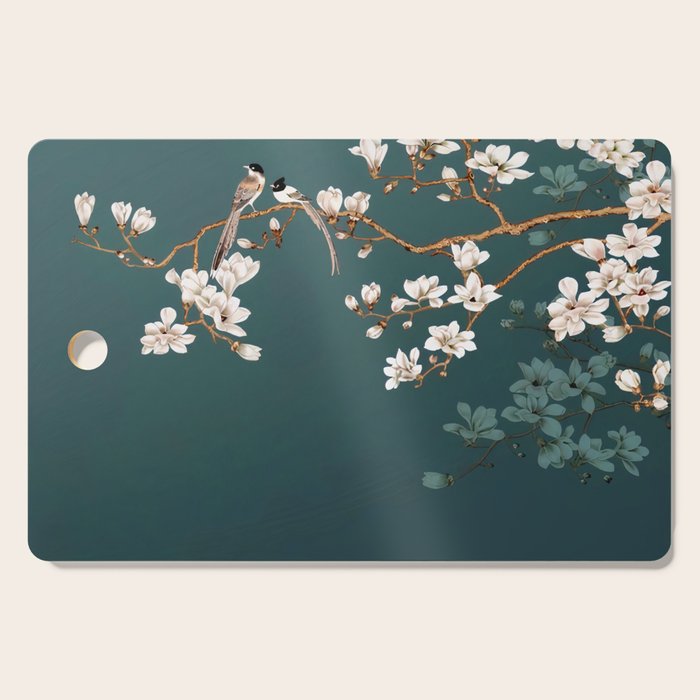 Chinoiserie Teal Magnolia Blossom Bird Garden Cutting Board Gallery Image 1