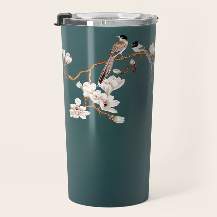 Chinoiserie Teal Magnolia Blossom Bird Garden Travel Mug Gallery Image 3