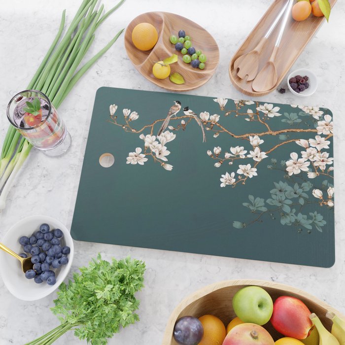Chinoiserie Teal Magnolia Blossom Bird Garden Cutting Board Gallery Image 2