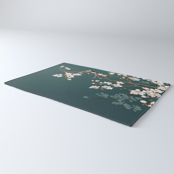 Chinoiserie Teal Magnolia Blossom Bird Garden Rug Gallery Image 3