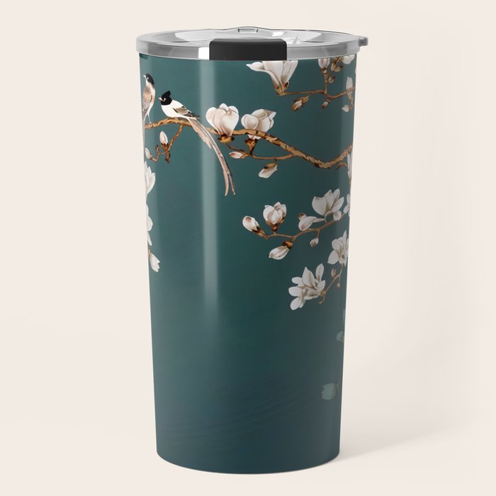 Chinoiserie Teal Magnolia Blossom Bird Garden Travel Mug Gallery Image 1