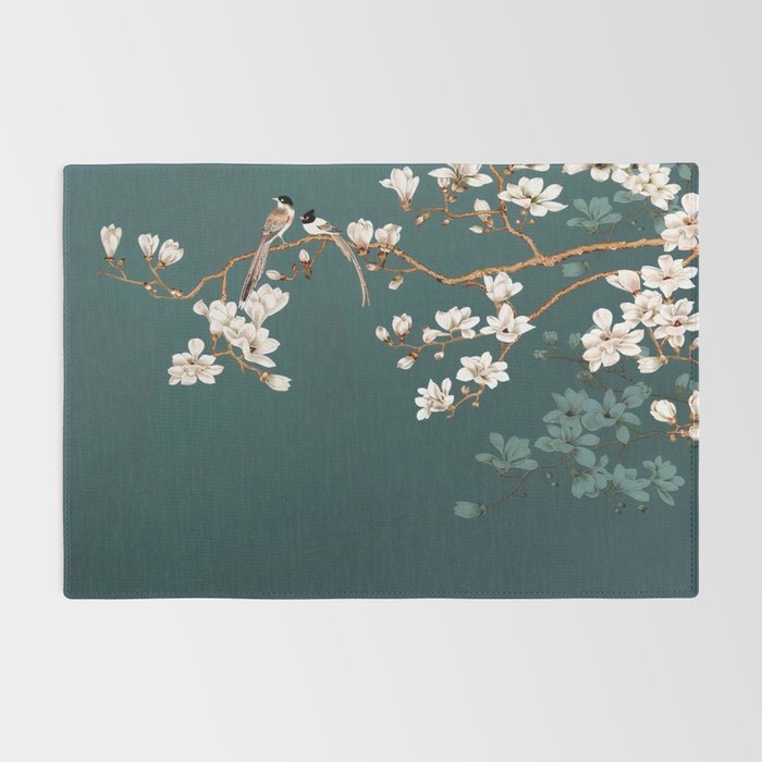 Chinoiserie Teal Magnolia Blossom Bird Garden Rug Gallery Image 2