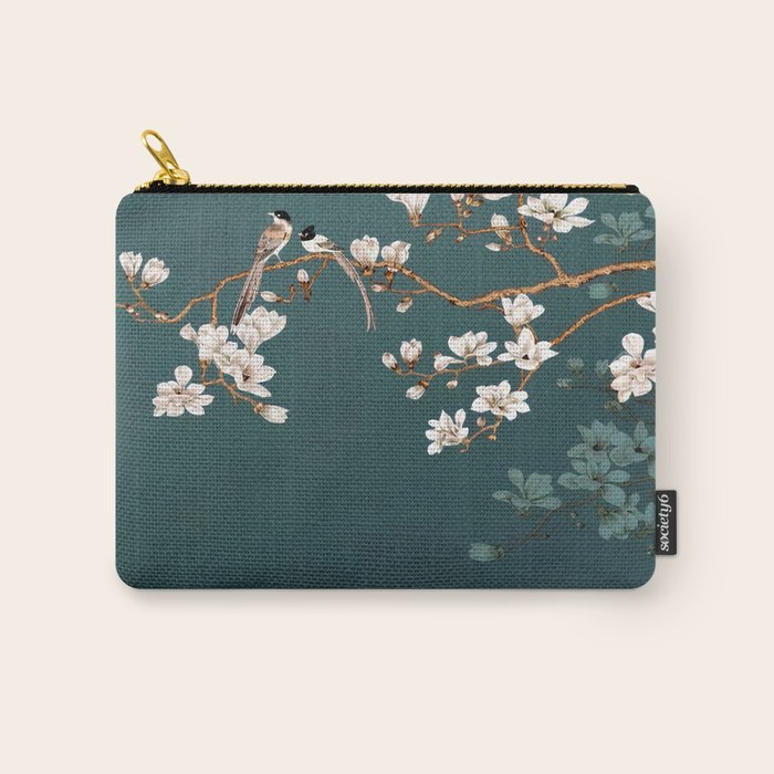 Chinoiserie Teal Magnolia Blossom Bird Garden Carry All Pouch Gallery Image 1
