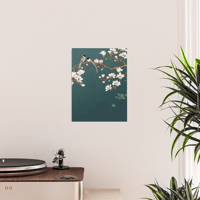 Chinoiserie Teal Magnolia Blossom Bird Garden Poster Gallery Image 2