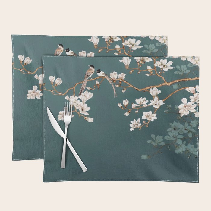 Chinoiserie Teal Magnolia Blossom Bird Garden Placemat Gallery Image 1