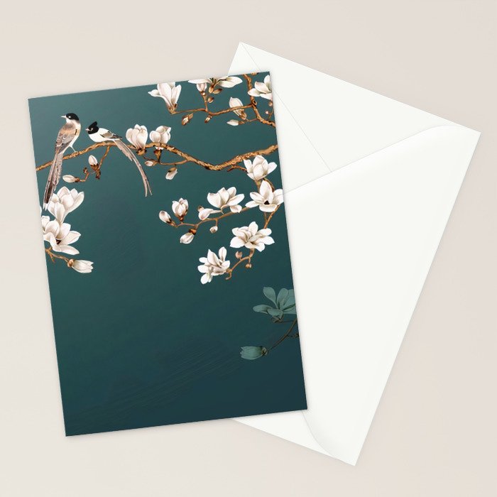 Chinoiserie Teal Magnolia Blossom Bird Garden Stationery Card Gallery Image 2