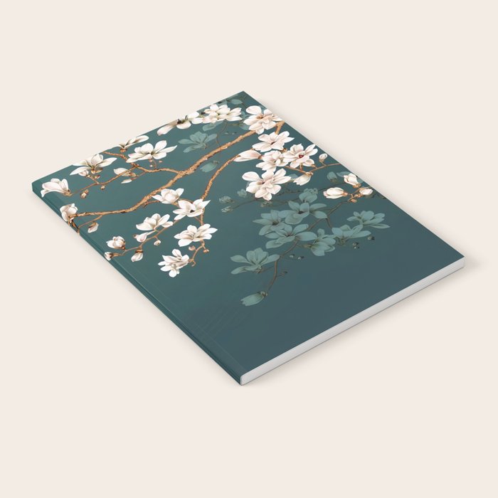 Chinoiserie Teal Magnolia Blossom Bird Garden Notebook Gallery Image 2