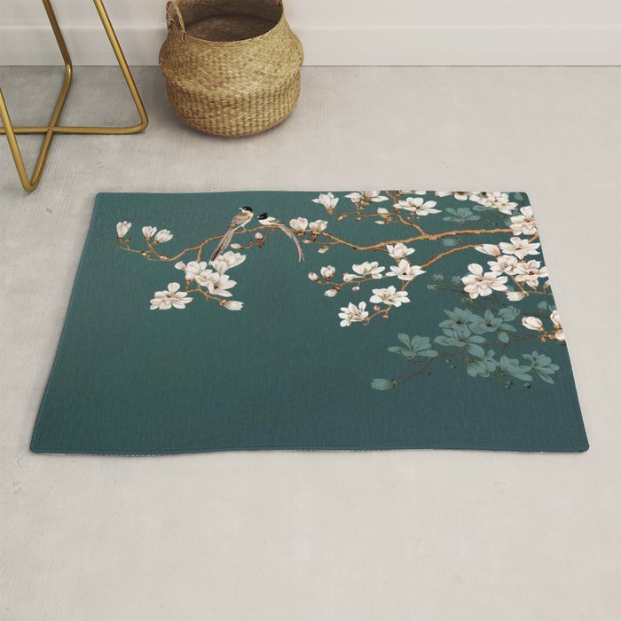 Chinoiserie Teal Magnolia Blossom Bird Garden Rug Gallery Image 1
